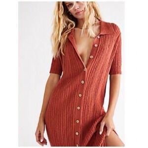 Free People Shirt Dress M Riding Waves Rust Short Sleeve Ribbed Button Collar